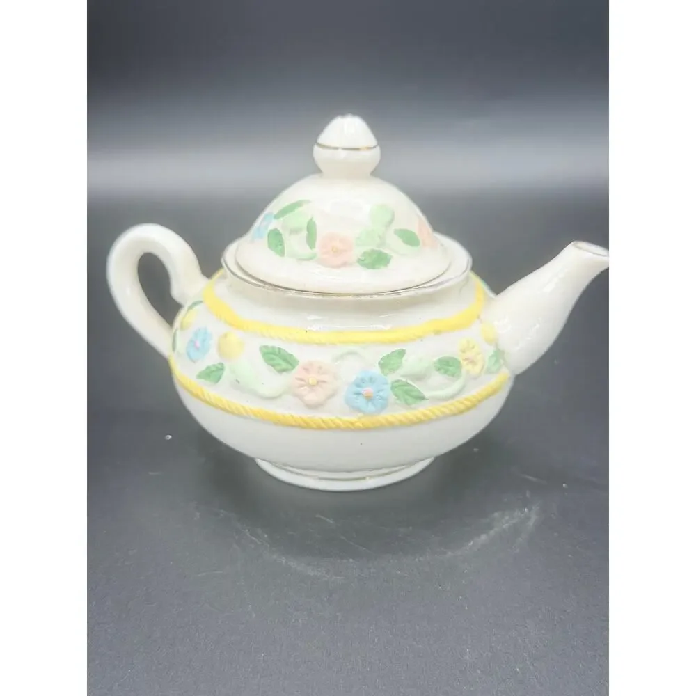Floral Applique Ceramic Teapot Raised Flowers Yellow Rope Trim 6 Inch